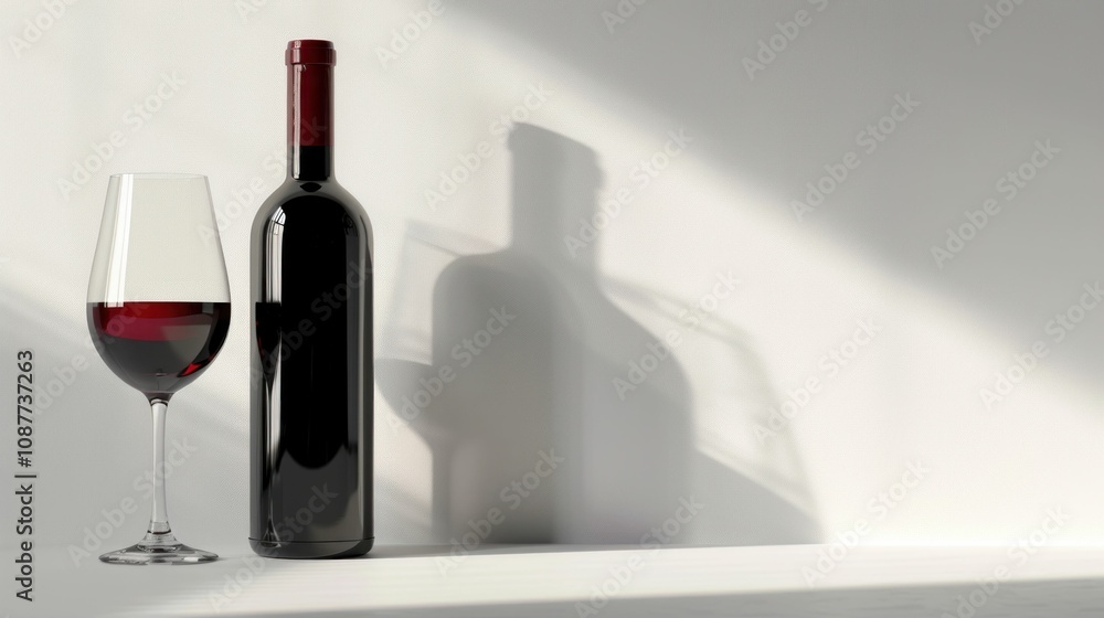 wine, glass, bottle, red wine, minimalism, shadows, elegant, still life A dark bottle of red wine next to a glass filled with wine, casting soft shadows on a light background wine, glass, bottle, red wine, minimalism, shadows, elegant, still life A dark bottle of red wine next to a glass filled with wine, casting soft shadows on a light background
