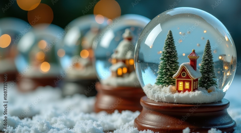 A snow globe featuring a miniature Christmas tree and cozy cabin, surrounded by snow and glowing lights A snow globe featuring a miniature Christmas tree and cozy cabin, surrounded by snow and glowing lights