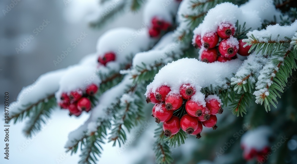 Close-up of vibrant red berries covered in frost and snow, hanging on a pine branch, symbolizing winter beauty