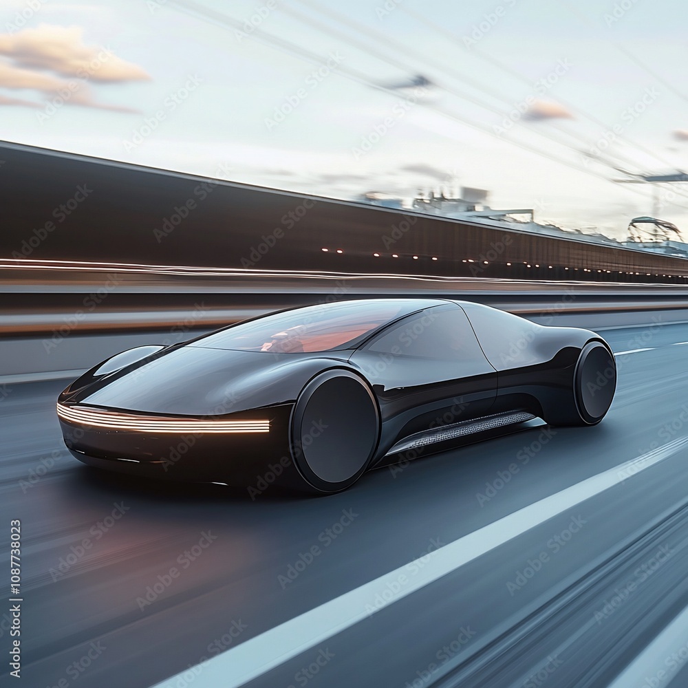 Obraz premium Sleek black electric concept car speeding on a highway at sunset.