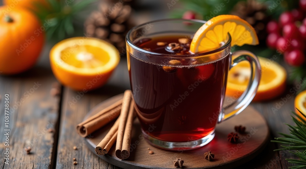 A warm cup of mulled wine with cinnamon sticks and orange slices on a wooden table, surrounded by festive decorations A warm cup of mulled wine with cinnamon sticks and orange slices on a wooden table, surrounded by festive decorations
