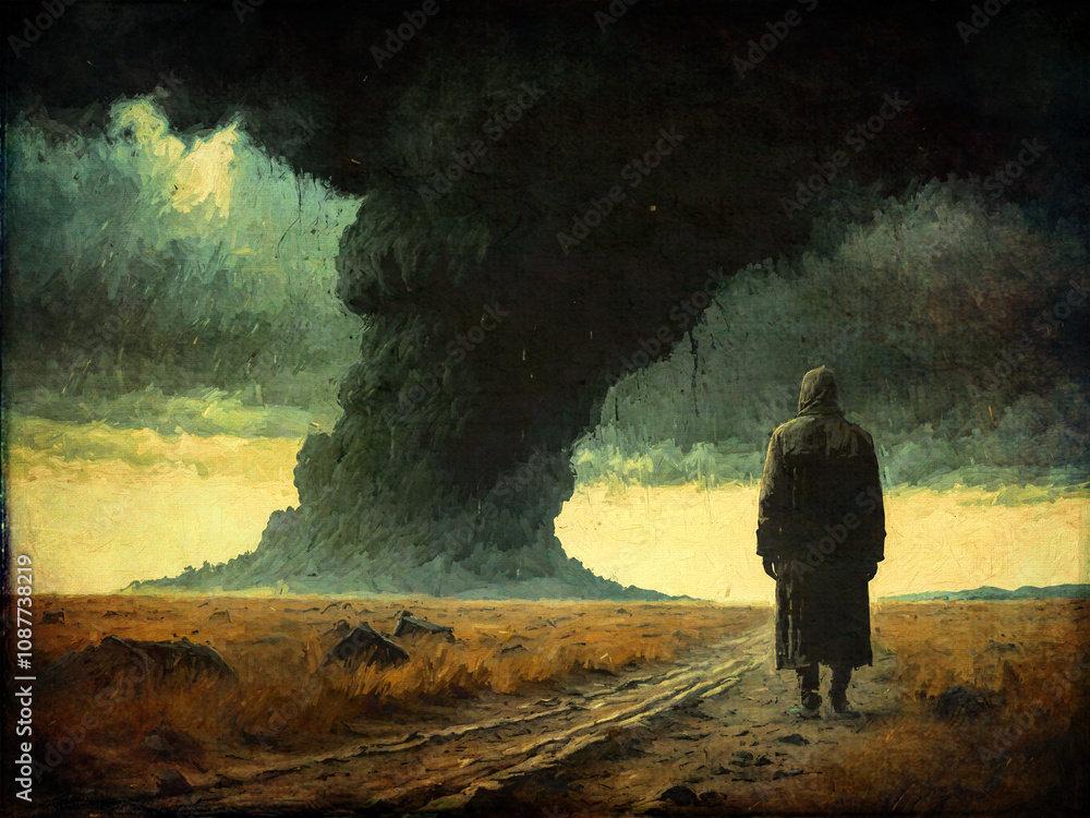 Ein einsamer Wanderer im Vordergrund betrachtet die dramatische Wolke aus Rauch und Dampf in einer kargen, weiten Landschaft am Abend Ein einsamer Wanderer im Vordergrund betrachtet die dramatische Wolke aus Rauch und Dampf in einer kargen, weiten Landschaft am Abend