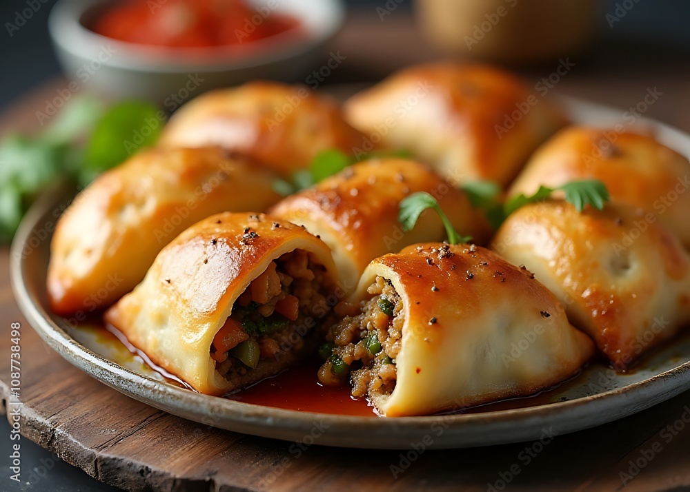 ivian saltenas, baked pastries filled with meat, vegetables, and spices, served with a side of salsa, a traditional Hispanic heritage month dish. ivian saltenas, baked pastries filled with meat, vegetables, and spices, served with a side of salsa, a traditional Hispanic heritage month dish.