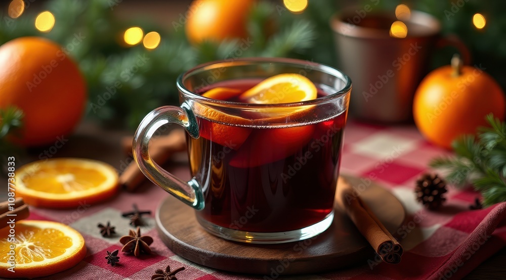 A glass of festive mulled wine with orange slices and cinnamon sticks sits on a cozy holiday table adorned with pine and warm lights A glass of festive mulled wine with orange slices and cinnamon sticks sits on a cozy holiday table adorned with pine and warm lights