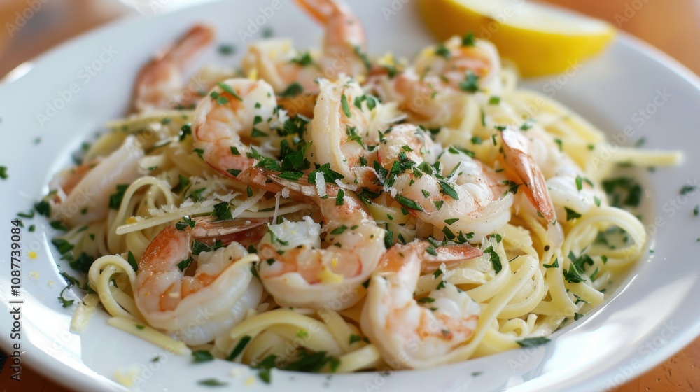 A mouthwatering plate of shrimp scampi with garlic, butter A mouthwatering plate of shrimp scampi with garlic, butter