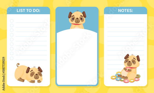 Beige Pug Puppy Dog Character with Funny Snout Note List Card Vector Template