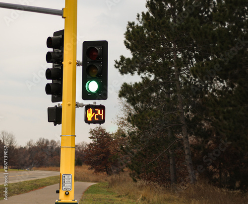 traffic go light on the street with pedestrian crossing signal showing 24 seconds left technology transport background photo