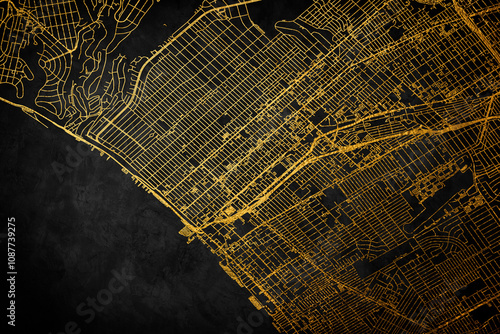 Painterly Style City Map of Santa Monica California, USA in a gold color Scheme.