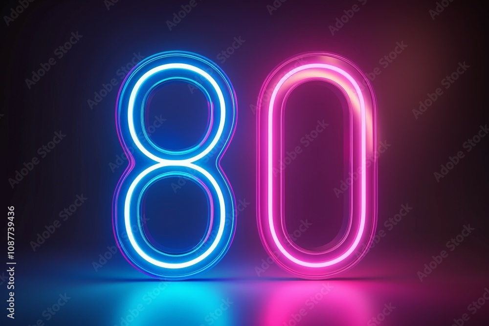 3d neon light number 80 glowing in the dark with pink and blue colors 3d neon light number 80 glowing in the dark with pink and blue colors