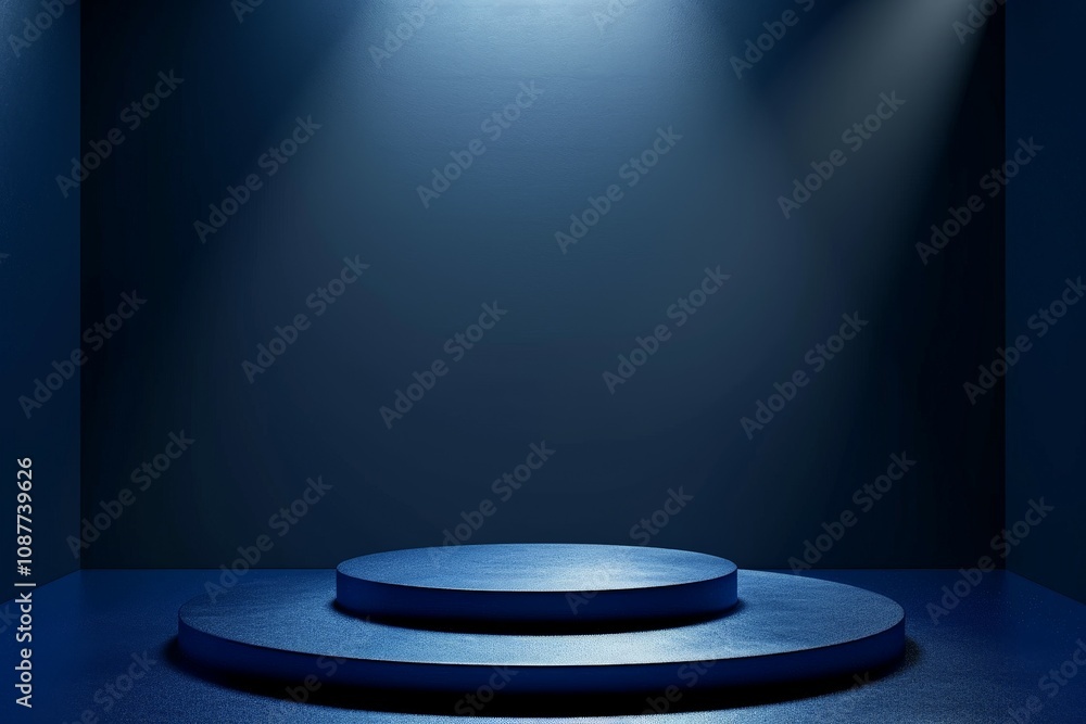 Beautiful blue background with an empty podium or pedestal for product placement with dramatic light Beautiful blue background with an empty podium or pedestal for product placement with dramatic light