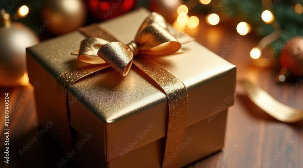 Golden gift box with a shimmering ribbon, surrounded by festive lights and ornaments on a wooden table Golden gift box with a shimmering ribbon, surrounded by festive lights and ornaments on a wooden table