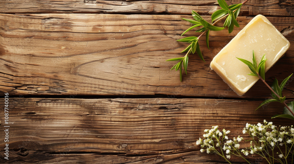 A natural homemade soap bar crafted from organic ingredients, presented on a rustic wooden table. A natural homemade soap bar crafted from organic ingredients, presented on a rustic wooden table.