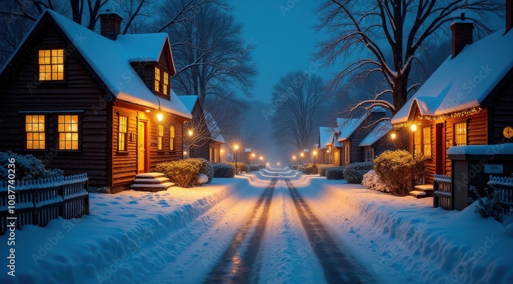Fototapeta premium A picturesque village street adorned with glowing holiday lights and snow-covered rooftops, creating a festive atmosphere