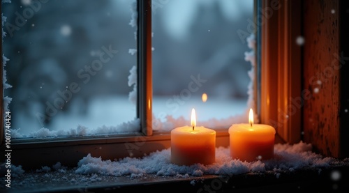Lit candles on a snowy windowsill with frost and a cozy glow during a winter evening