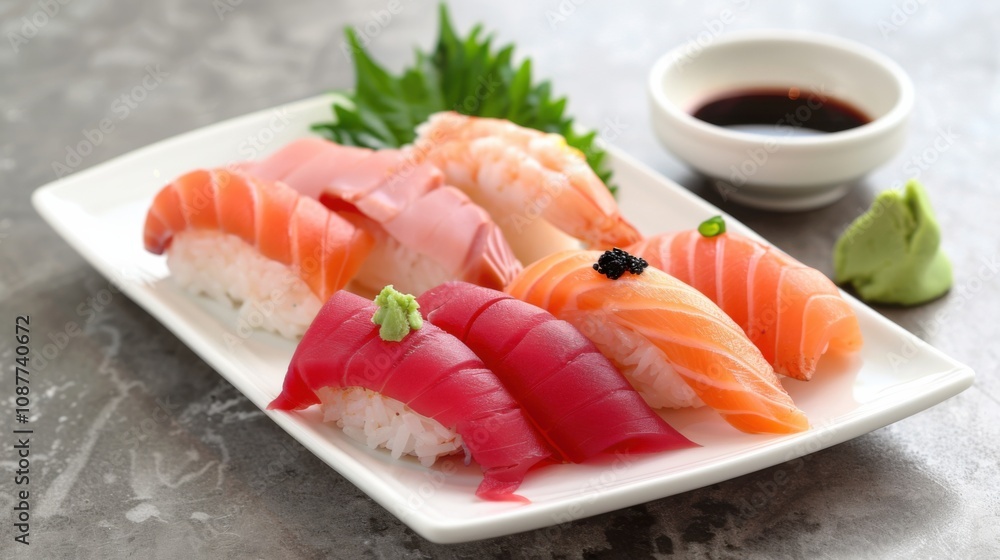 A mouthwatering plate of sushi nigiri showcasing tuna, salmon A mouthwatering plate of sushi nigiri showcasing tuna, salmon