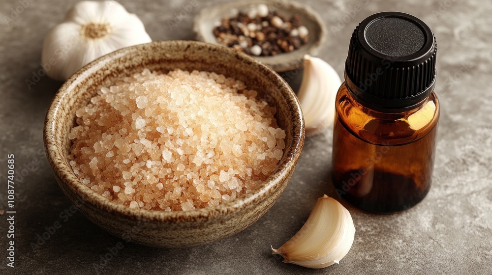 A bowl of salt, garlic, and essential oil. A bowl of salt, garlic, and essential oil.
