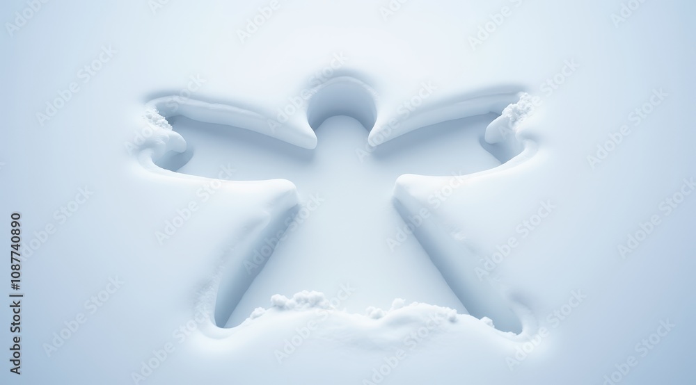 Obraz premium Close-up of a detailed snow angel impression on a smooth, untouched snowy surface, symbolizing winter fun