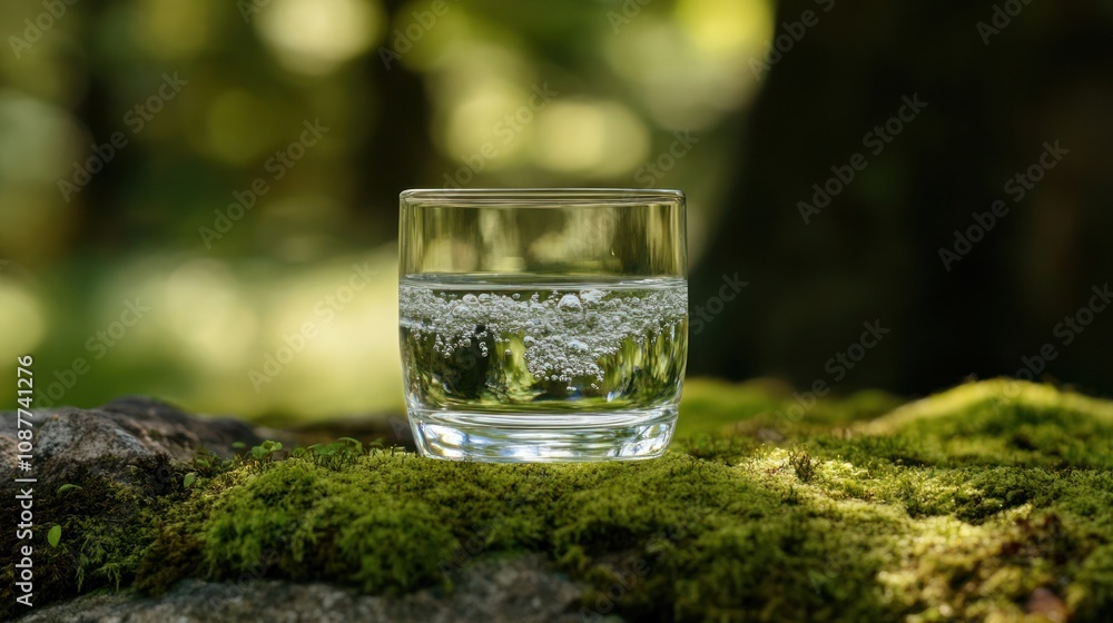 Glass of Sparkling Water with Air Bubbles on a Mossy Rock Surface in a Sunlit Forest Setting Glass of Sparkling Water with Air Bubbles on a Mossy Rock Surface in a Sunlit Forest Setting