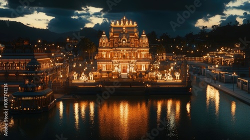 A beautifully lit night scene of a Murugan temple, showcasing its architectural brilliance and spiritual essence. photo