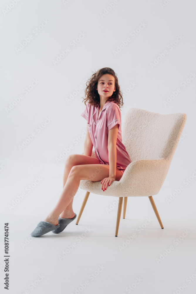 Curly girl in pink silk pajama. Beautiful young woman near armchair on white background. Curly girl in pink silk pajama. Beautiful young woman near armchair on white background.