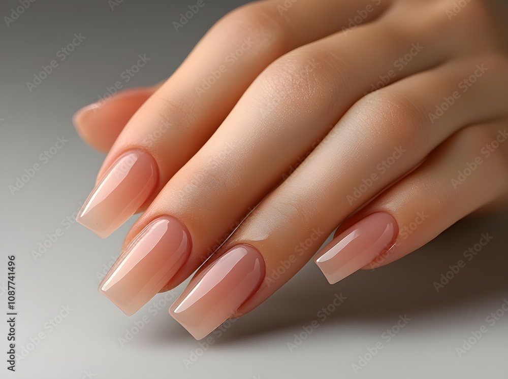 Close-up of a beautiful woman with a perfect manicure, light pink gel nails, and red lips against a gray background. Close-up of a beautiful woman with a perfect manicure, light pink gel nails, and red lips against a gray background.