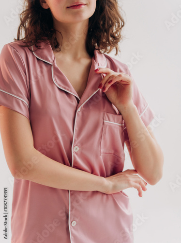 Curly girl in pink silk pajama. Beautiful young woman near armchair on white background.
