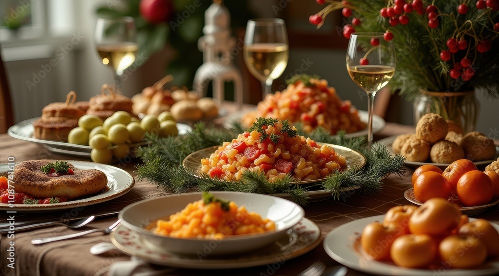 Festive holiday dinner table setting with assorted dishes, fruits, desserts, and two glasses of white wine, creating an inviting and celebratory atmosphere Festive holiday dinner table setting with assorted dishes, fruits, desserts, and two glasses of white wine, creating an inviting and celebratory atmosphere