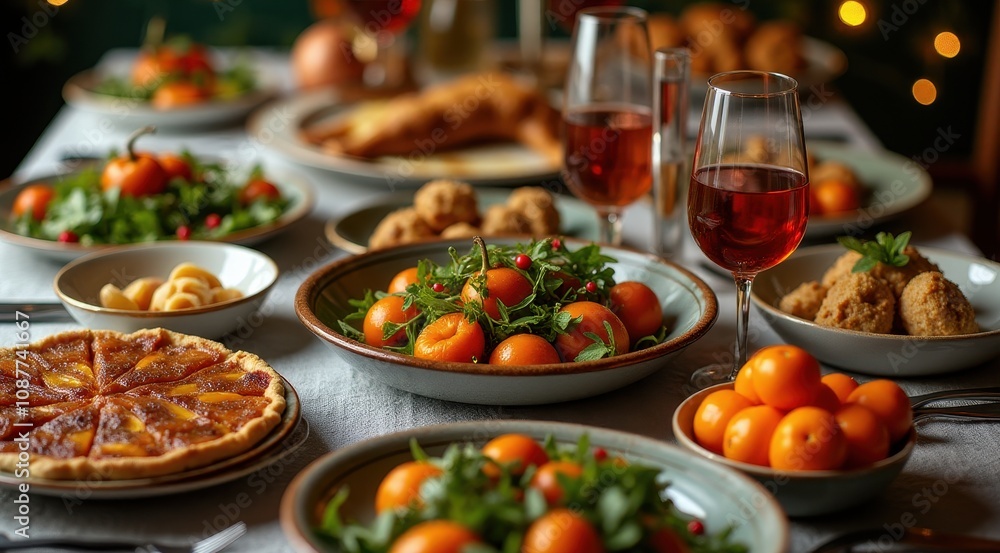 A beautifully arranged table features a variety of dishes, including fresh salads, a tart, and glasses of red wine, perfect for a festive gathering A beautifully arranged table features a variety of dishes, including fresh salads, a tart, and glasses of red wine, perfect for a festive gathering