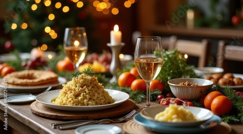 Festive holiday table setting with sparkling wine, plates of couscous and fruits, surrounded by warm candlelight and decorative greenery