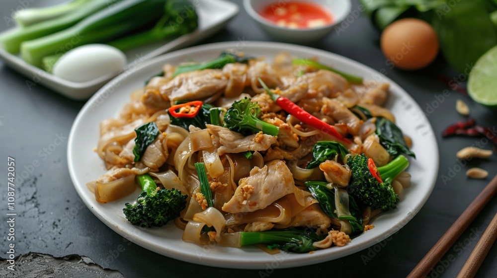 A mouthwatering plate of Thai pad see ew, stir-fried wide rice noodles with chicken A mouthwatering plate of Thai pad see ew, stir-fried wide rice noodles with chicken