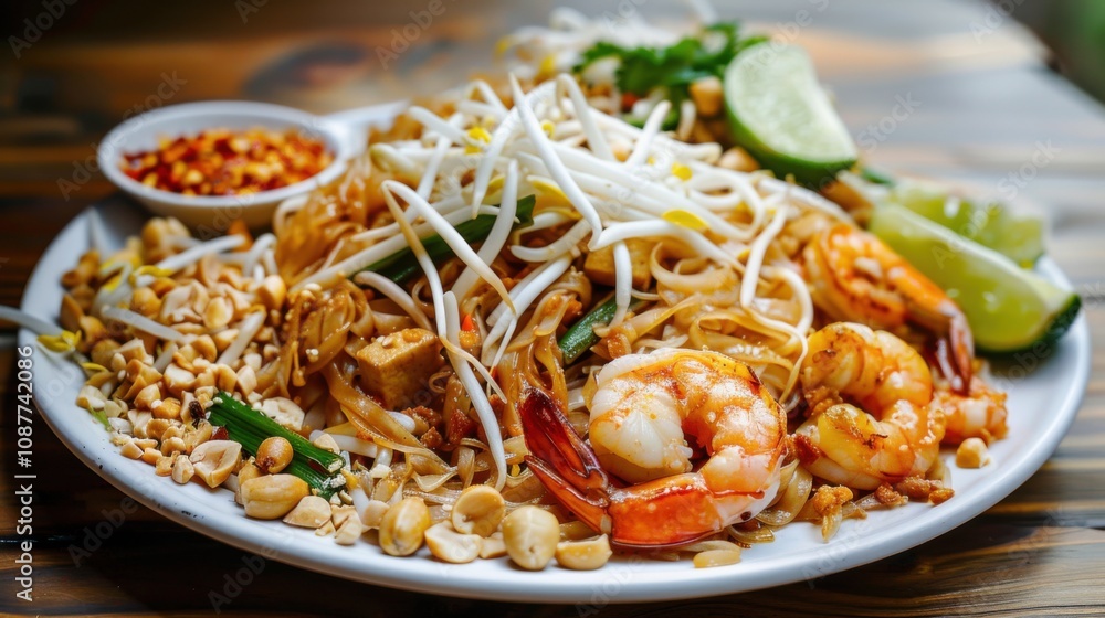 A mouthwatering plate of Thai pad Thai noodles with shrimp, tofu A mouthwatering plate of Thai pad Thai noodles with shrimp, tofu