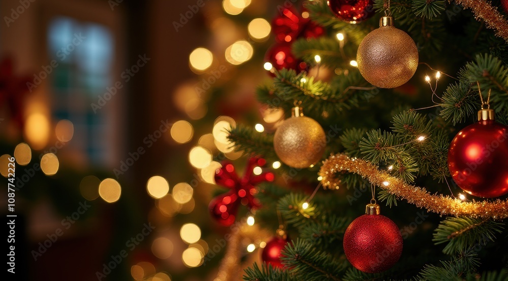 A beautifully decorated Christmas tree adorned with shimmering red and gold baubles and glowing lights captures the essence of the holiday spirit A beautifully decorated Christmas tree adorned with shimmering red and gold baubles and glowing lights captures the essence of the holiday spirit