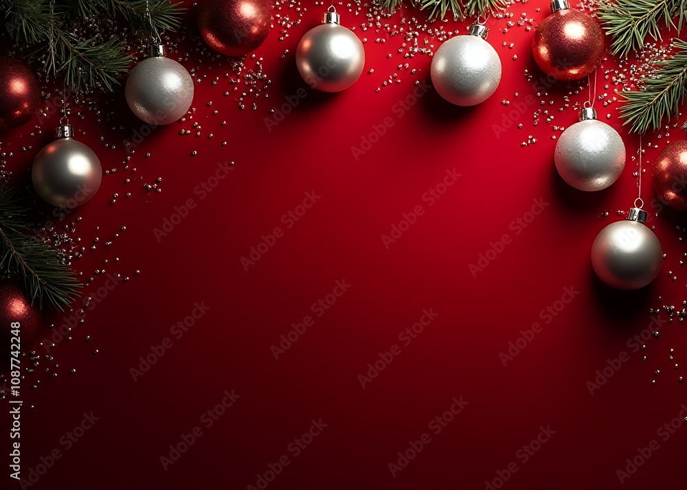 Silvery Christmas decorations adorn a rich dark red velvet backdrop suitable for horizontal banners and promotional store templates. Silvery Christmas decorations adorn a rich dark red velvet backdrop suitable for horizontal banners and promotional store templates.