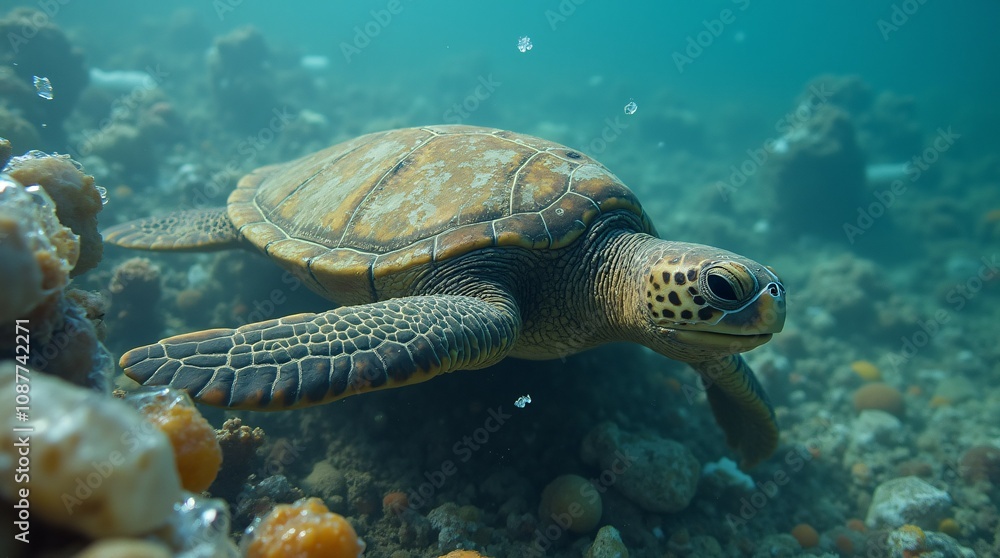 Fototapeta premium Sea Turtle Struggling to Swim with Flipper Trapped in Discarded Fishing Net.
