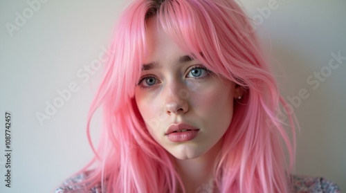 Portrait of a Teenage Girl with Pink Hair Expressing Sadness and Empowerment.