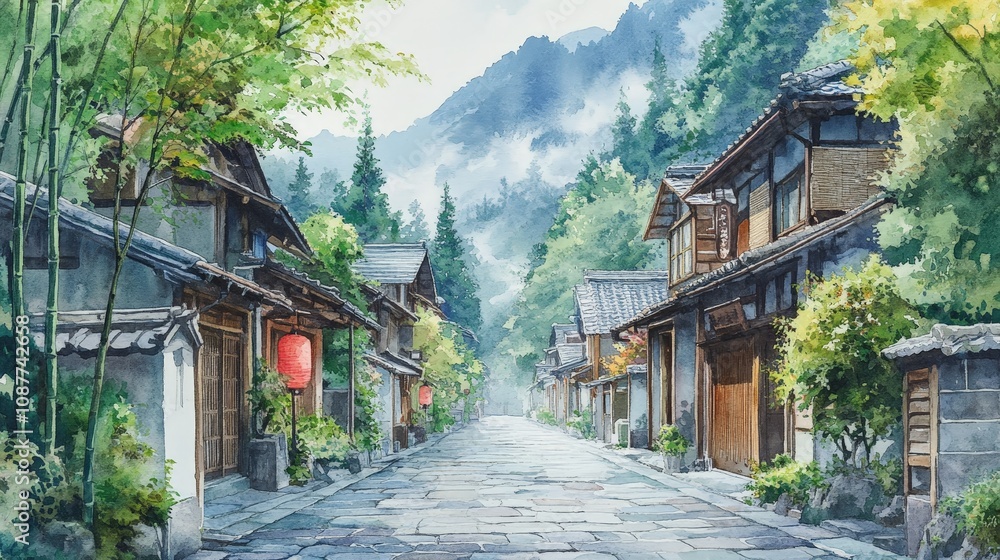 Serene bamboo forest path in traditional village setting Serene bamboo forest path in traditional village setting
