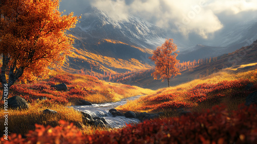 Autumn hills with a gentle stream flowing through the valley beneath bright foliage