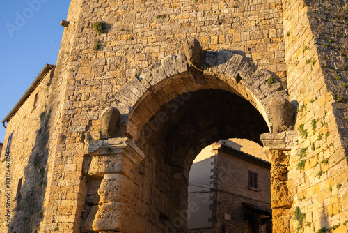 Porta all' Arco, one of city's gateways, is the most famous Etruscan architectural monument in Volterra, Italy