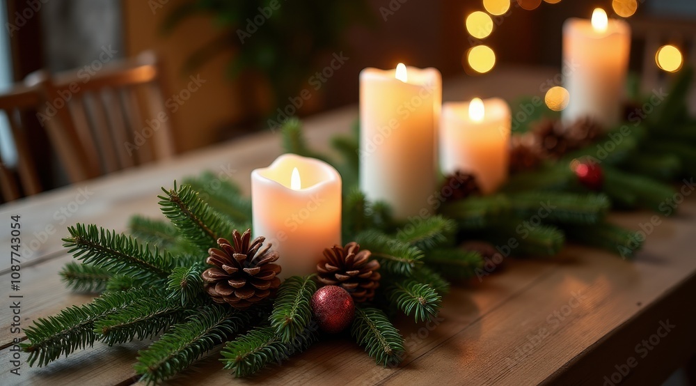 Red Christmas candles surrounded by festive greenery and berries for a warm holiday feel Red Christmas candles surrounded by festive greenery and berries for a warm holiday feel