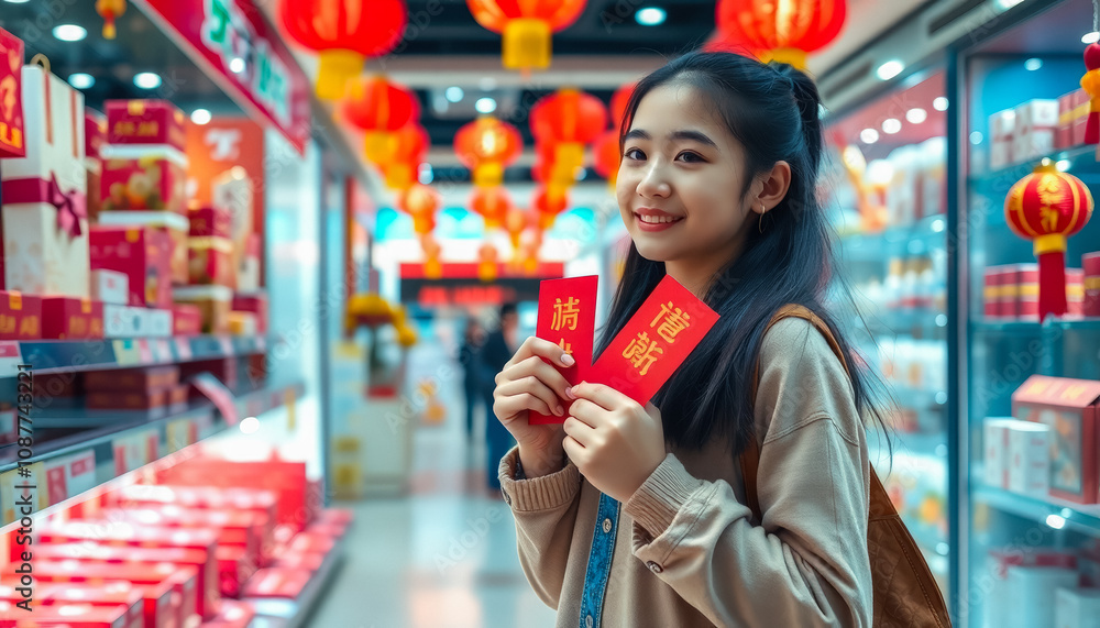 Young Woman Holding Red Envelope in Vibrant Chinese Store During New Year Celebrations Young Woman Holding Red Envelope in Vibrant Chinese Store During New Year Celebrations