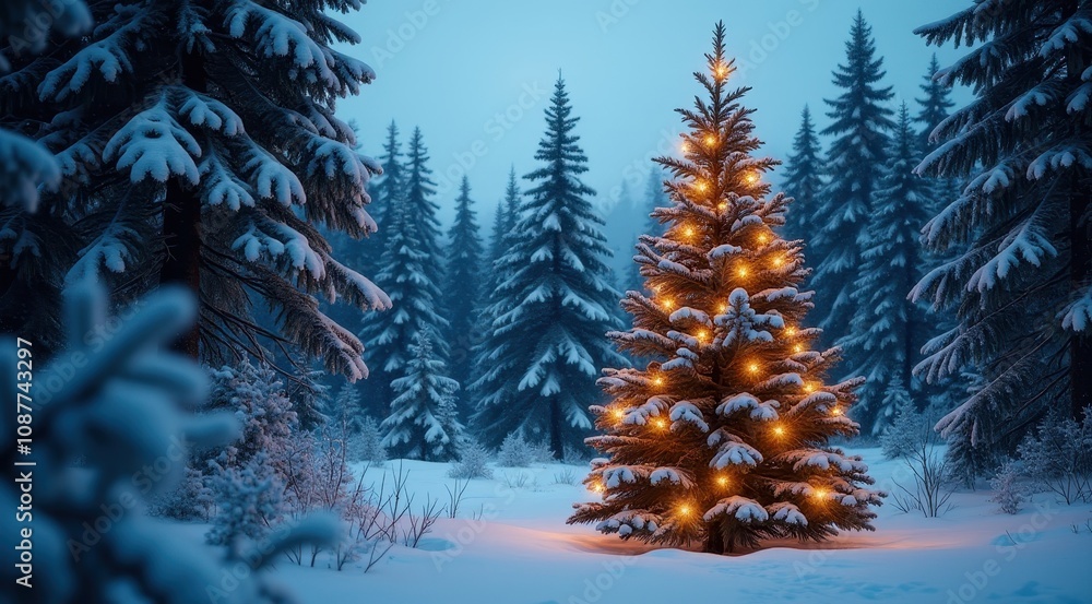 A glowing Christmas tree covered with snow in a tranquil winter forest under soft evening light A glowing Christmas tree covered with snow in a tranquil winter forest under soft evening light