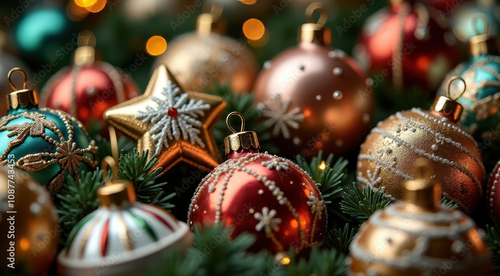 Elegant Christmas ornaments in red, gold, and blue adorn a lush pine background, creating a festive and enchanting holiday scene Elegant Christmas ornaments in red, gold, and blue adorn a lush pine background, creating a festive and enchanting holiday scene