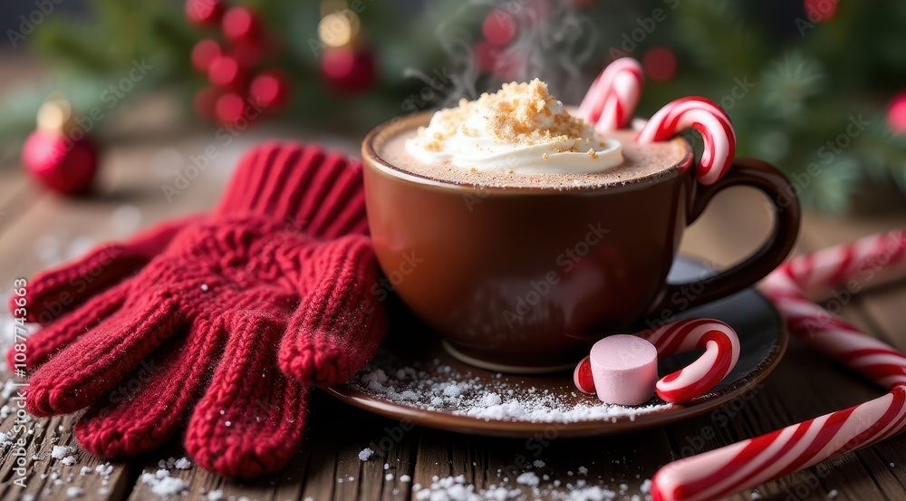 A steaming cup of hot chocolate with whipped cream and candy canes sits next to red winter gloves on a wooden table, surrounded by festive Christmas decorations A steaming cup of hot chocolate with whipped cream and candy canes sits next to red winter gloves on a wooden table, surrounded by festive Christmas decorations