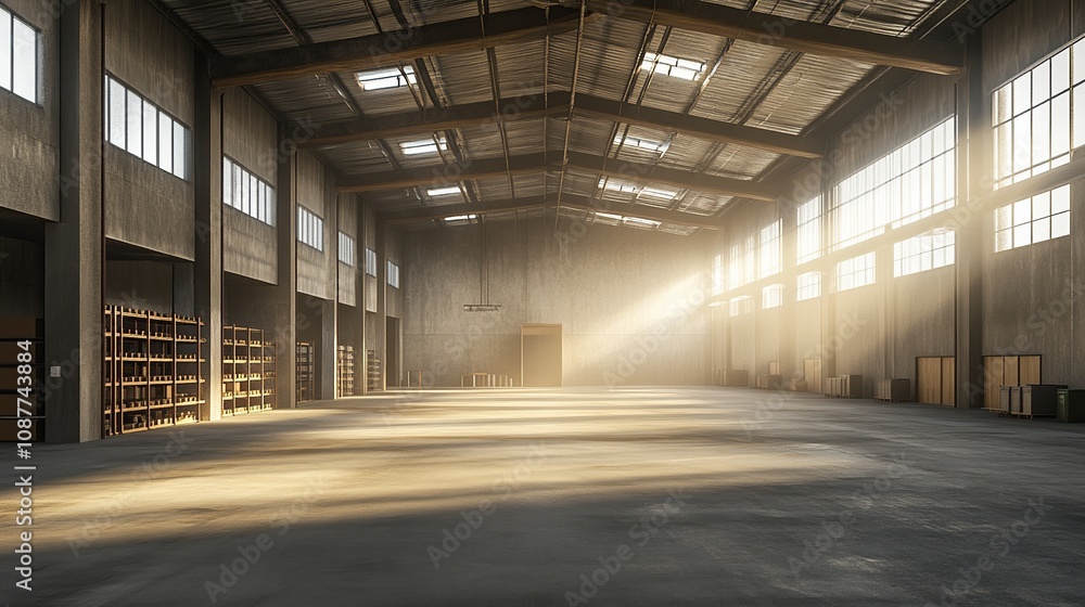 A spacious industrial warehouse with sunlight streaming through large windows. A spacious industrial warehouse with sunlight streaming through large windows.