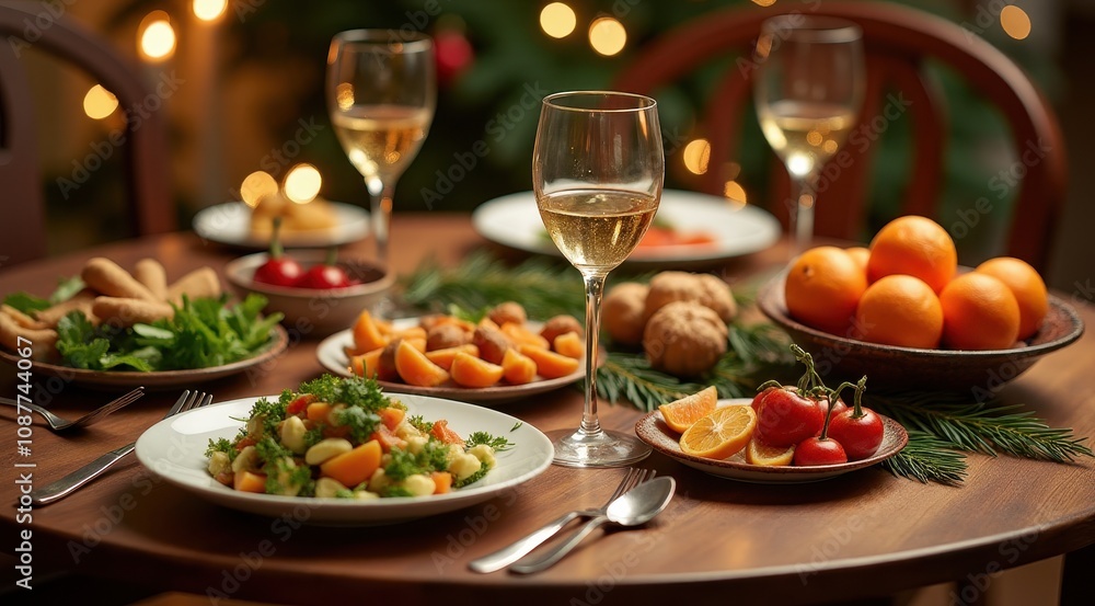 Festive dining table adorned with fresh oranges, a vibrant salad, and glasses of white wine, capturing a cozy holiday ambiance with bokeh lights in the background Festive dining table adorned with fresh oranges, a vibrant salad, and glasses of white wine, capturing a cozy holiday ambiance with bokeh lights in the background