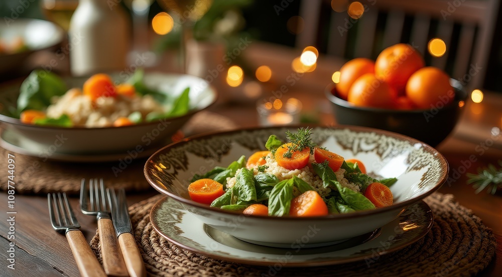 Elegant table setting featuring a fresh spinach and tangerine salad with quinoa, surrounded by warm lighting, creating a cozy dining atmosphere Elegant table setting featuring a fresh spinach and tangerine salad with quinoa, surrounded by warm lighting, creating a cozy dining atmosphere
