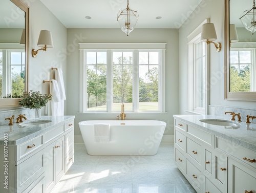 Elegant Master Bathroom With Freestanding Tub And Green View