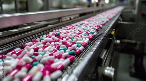 A conveyor belt carrying a stream of pink, white, and green capsules.