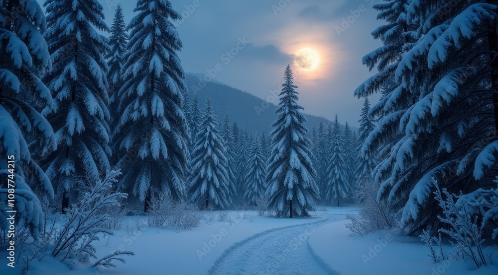 Fototapeta premium Snow-covered landscape with tall pines and a glowing full moon on a serene winter night