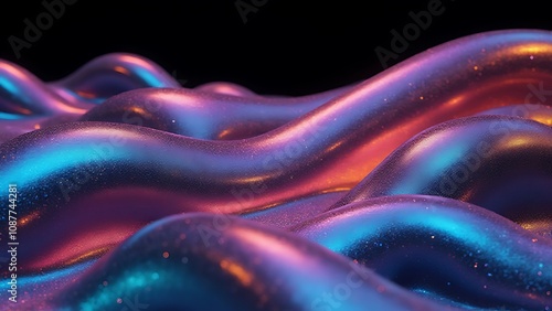 turistic scene with chrome metal curves and holographic textures is rendered in a vibrant, iridescent rainbow color scheme on a black background. photo